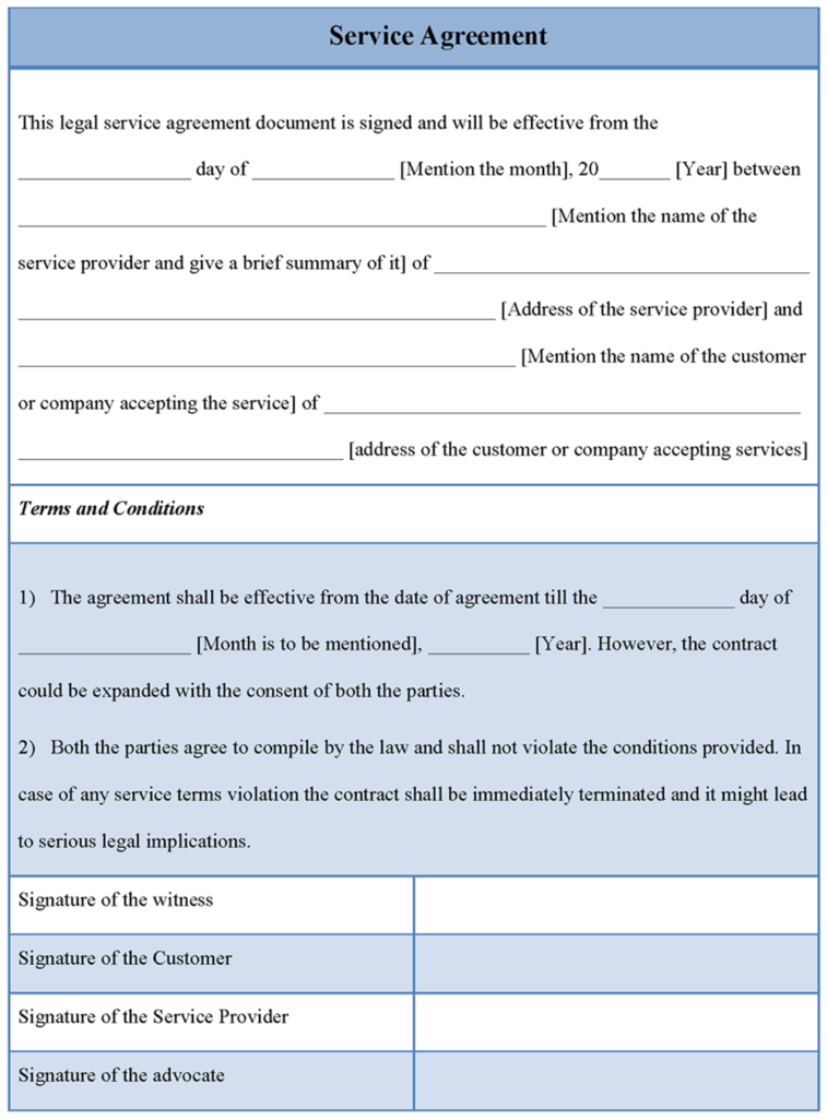 printable samples Service Agreement Template 757x1024