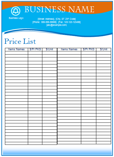 General-Business-Price-List-Template